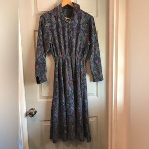 Bedford Fair Women's S Vintage 90s Elastic Blue Paisley Collar Midi Dress AS IS